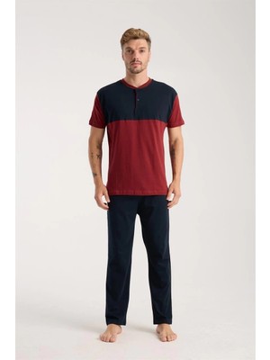 Erkek Bordo Düğmeli Yaka Kısa Kol Pijama Takımı