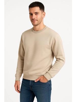 Üç Iplik Düz Bisiklet Yaka Sweatshirt - Bej