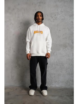 Erkek Baskılı Kapüşonlu 3 Iplik Pamuklu Hoodie Sweatshirt - Beyaz