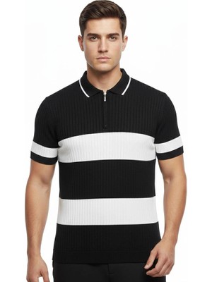 Erkek T-Shirt Çizgili Triko Kumaş Polo Yaka Yarım Fermuarlı Kısa Kol Tişört - Siyah