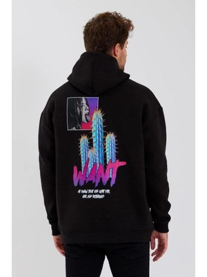 Baskılı Üç Iplik Kapüşonlu Oversize Sweatshirt - Siyah