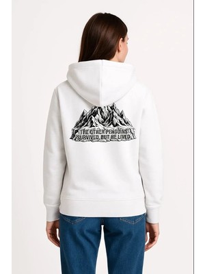 Kadın 3 Iplik Pamuklu Kapüşonlu Hoodie Sweatshirt Nihilist Penguen Baskılı - Beyaz