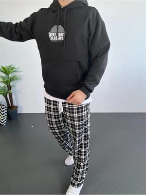 Sırt Baskılı Kapüşonlu Üç Iplik Oversize Sweatshirt - Siyah