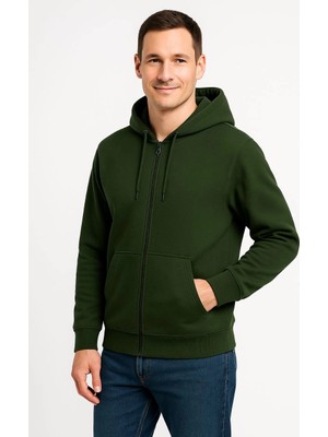 Üç Iplik Kapüşonlu Tam Fermuarlı Kanguru Cepli Sweatshirt Hoodie - Haki