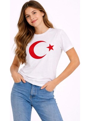 Kız Çocuk Tişört Bisiklet Yaka Ay Yıldız Bayrak Baskılı T-Shirt - Beyaz