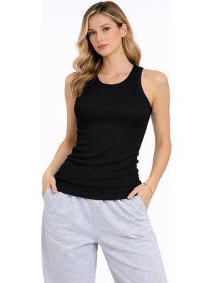 Kadın Fitilli Atlet Sıfır Yaka Slim Fit Arka Baskılı Spor Atlet - Siyah