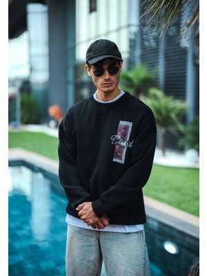 Uzun Kol Bisiklet Yaka Ön ve Arka Baskılı Sweatshirt - Siyah