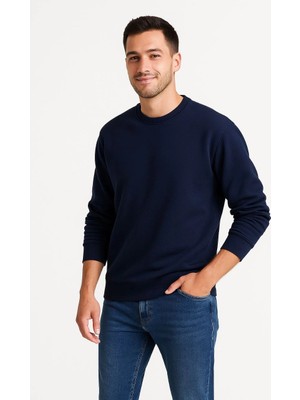 Üç Iplik Düz Bisiklet Yaka Sweatshirt - Lacivert