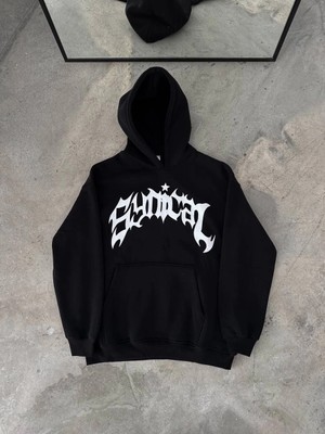 Kışlık Kapüşonlu Baskılı Oversize Sweatshirt- Siyah