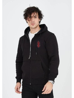 Baskılı Tam Fermuarlı Kapşonlu Sweatshirt - Siyah