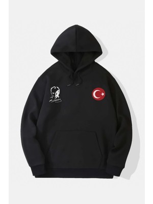 10 Kasıma Özel Üç Iplik Kapüşonlu Baskılı Sweatshirt - Siyah
