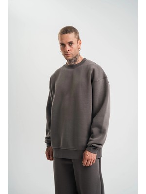 Uzun Kol Bisiklet Yaka Basic Sweatshirt - Füme