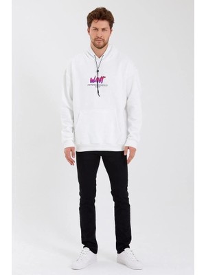 Baskılı Üç Iplik Kapüşonlu Oversize Sweatshirt - Beyaz