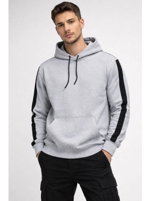 Erkek Şeritli Kapüşonlu Oversize Sweatshirt 3 Iplik Pamuklu Hoodie - Beyaz