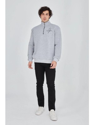 Yarım Fermuarlı Baskılı Sweat - Gri