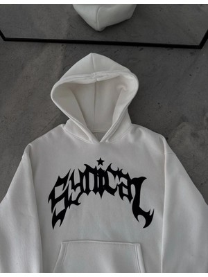Üç Iplik Kapüşonlu Baskılı Oversize Sweatshirt- Beyaz