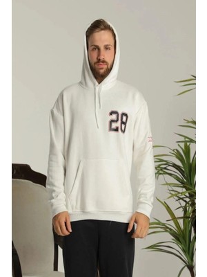 Sırt Baskılı Oversize Üç Iplik Kapüşonlu Sweatshirt - Beyaz