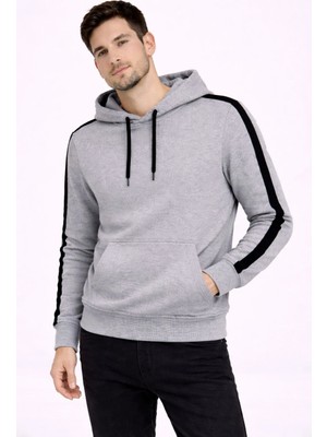 Erkek Şeritli Kapüşonlu Sweatshirt Oversize 3 Iplik Pamuklu - Gri