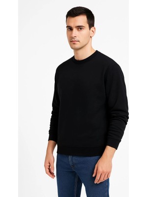 Üç Iplik Düz Bisiklet Yaka Sweatshirt - Siyah