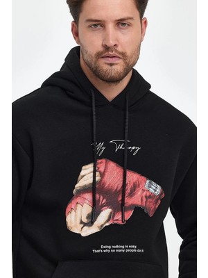 Kapüşonlu Üç Iplik Oversize Baskılı Sweatshirt - Siyah