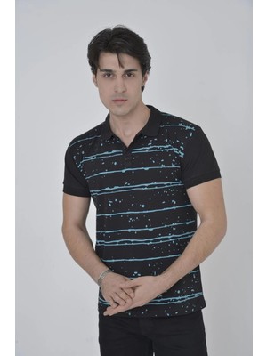 Yakalı Slim Fit Pike Çizgili T-Shirt - Siyah