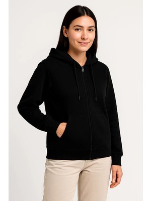 Üç Iplik Kapüşonlu Tam Fermuarlı Kanguru Çepli Sweatshirt Hoodie - Siyah