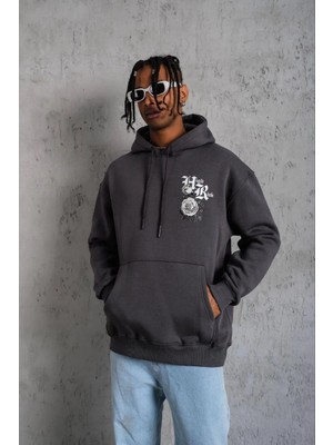 Baskılı Kapşonlu Sweat - Füme