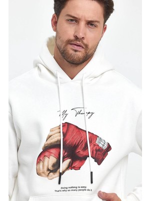 Kapüşonlu Üç Iplik Oversize Baskılı Sweatshirt - Beyaz
