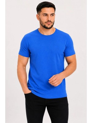 Erkek Basic Tişört Bisiklet Yaka Kısa Kol Günlük Yazlık Slim Fit T-Shirt - Saks Mavisi