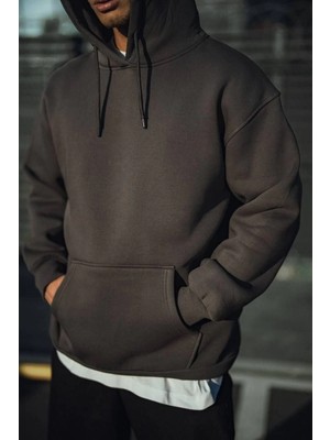 Üç Iplik Penye Kapşonlu Basic Sweatshirt - Füme