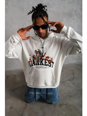 Oversize Kapüşonlu Sweatshirt – Beyaz Renk Üç Iplik Içi Pamuklu Kanguru Cepli Baskılı Hoo