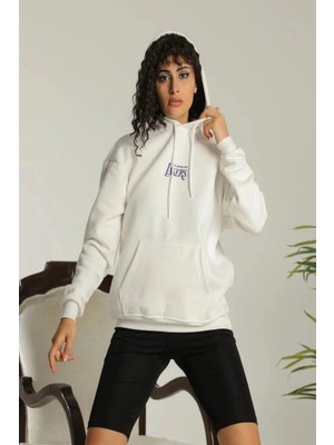 24 Sırt Baskılı Ovresize Üç Iplik Kapüşonlu Sweatshirt - Beyaz