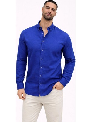 Erkek Keten Kumaş Oversize Uzun Kollu Rahat Kalıp Gömlek - Saks Mavisi