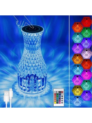  Sürahi Model USB Şarjlı Kumandalı 16 Farklı Işık Modlu Masa Üstü Kristal Akrilik Lamba LED