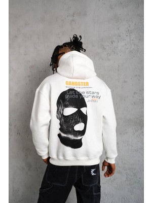 Kordonlu Maske Baskılı Kapüşonlu Sweat - Beyaz
