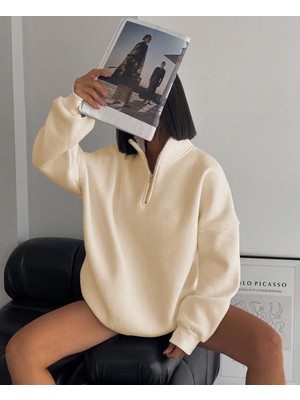 Yarım Fermuarlı Üç Iplik Sweatshirt - Bej