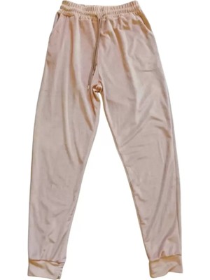 Parlak Kadife Cepli Pantolon Eşofman Pijama Altı Unisex Lastikli Paça Bej