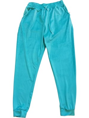 Parlak Kadife Cepli Pantolon Eşofman Pijama Altı Unisex Lastikli Paça Yeşil
