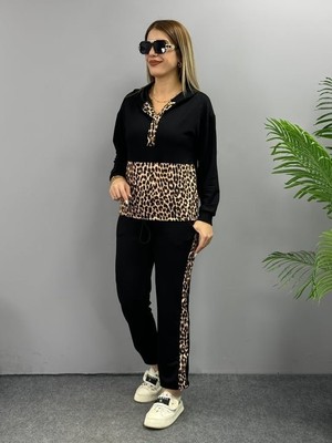 Korpeelektro Kadın Uzun Kollu Leopar Detay Sweat ve Yanı Leopar Şerit Detay Pantolon Ikili Takım