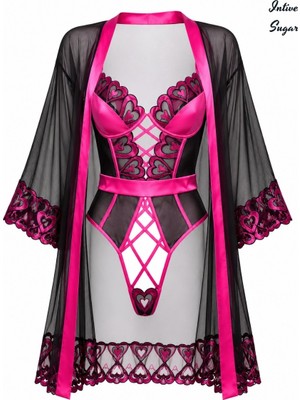 Intive Lingerie Intive Sugar Siyah Tül ve Pembe Kalp Detaylı Fantezi Büstiyer Transparan Sabahlık Takım