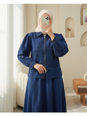 Moda Morfo Önü Fermuarlı Çift Cepli Etekli Kot Takım -İndigo