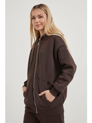 Armalife 2501 Fermuarlı Kapşonlu Oversıze Üçiplik Şardonlu Kadın Sweat