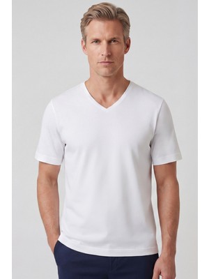 goffra Erkek Vision V Yaka Premium Kalite Yoğun Dokulu Pamuklu T-Shirt Beyaz M102-R0220-01