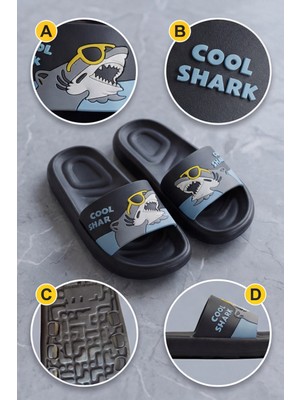 Liarca 3D Desenli Cool Shark Gözlüklü Köpek Balığı Figürlü Erkek Çocuk Terlik - Islak Zemin Kaymaz Tabanlı Yumuşak ve Hafif Yazlık Çocuk Sandalet Terlik