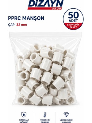 Dizayn Pprc Manşon 32 mm 50 Adet PN25 Temiz Su Tesisat Ek Parçası