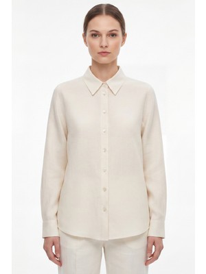 goffra Kadın Gia %100 Doğal Keten Gömlek - Klasik Yaka Basic Minimalist Tasarım Ekru W207-K0401-01