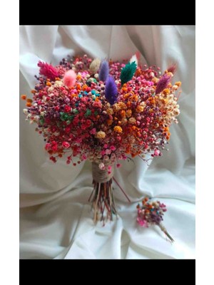Handmade Rengarenk Şoklanmış Cipsodan Gelin Buketi, Damat Yaka Çiçeği Hediyeli Tasarım