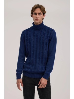 Jakamen İndigo Slim Fit Desenli Tam Balıkçı Yaka Triko