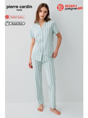 Pierre Cardin Paris Premium Kadın Modal Pamuklu Çizgili Önden Düğmeli Kısa Kollu Pijama Takım