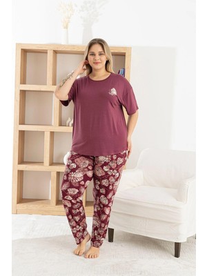 Pijamoni Ring Viskon Kısa Kol Pijama Takımı-Mürdüm